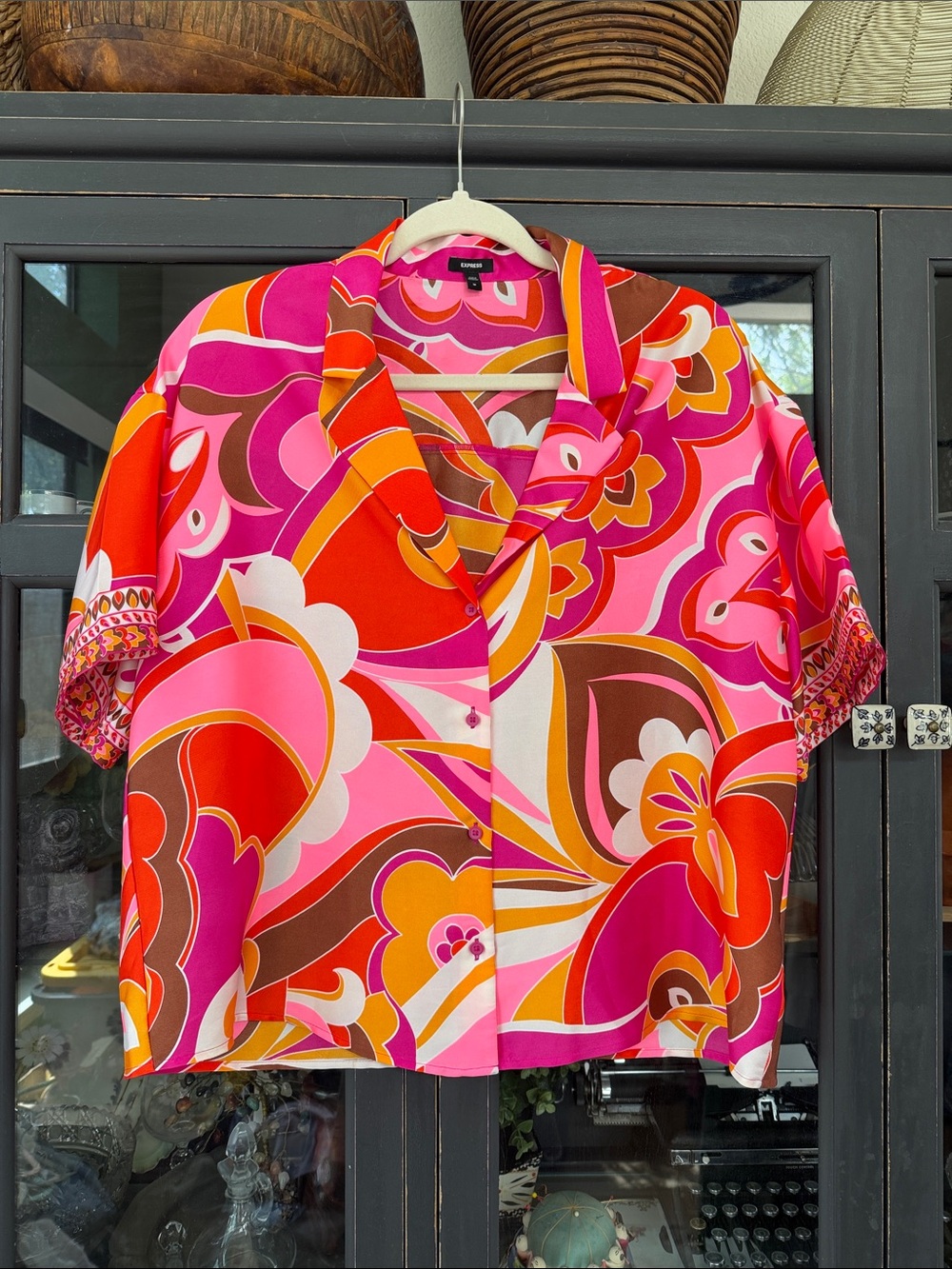 Express Bright Pink, Orange & Brown Floral Button-Down Shirt - Medium
